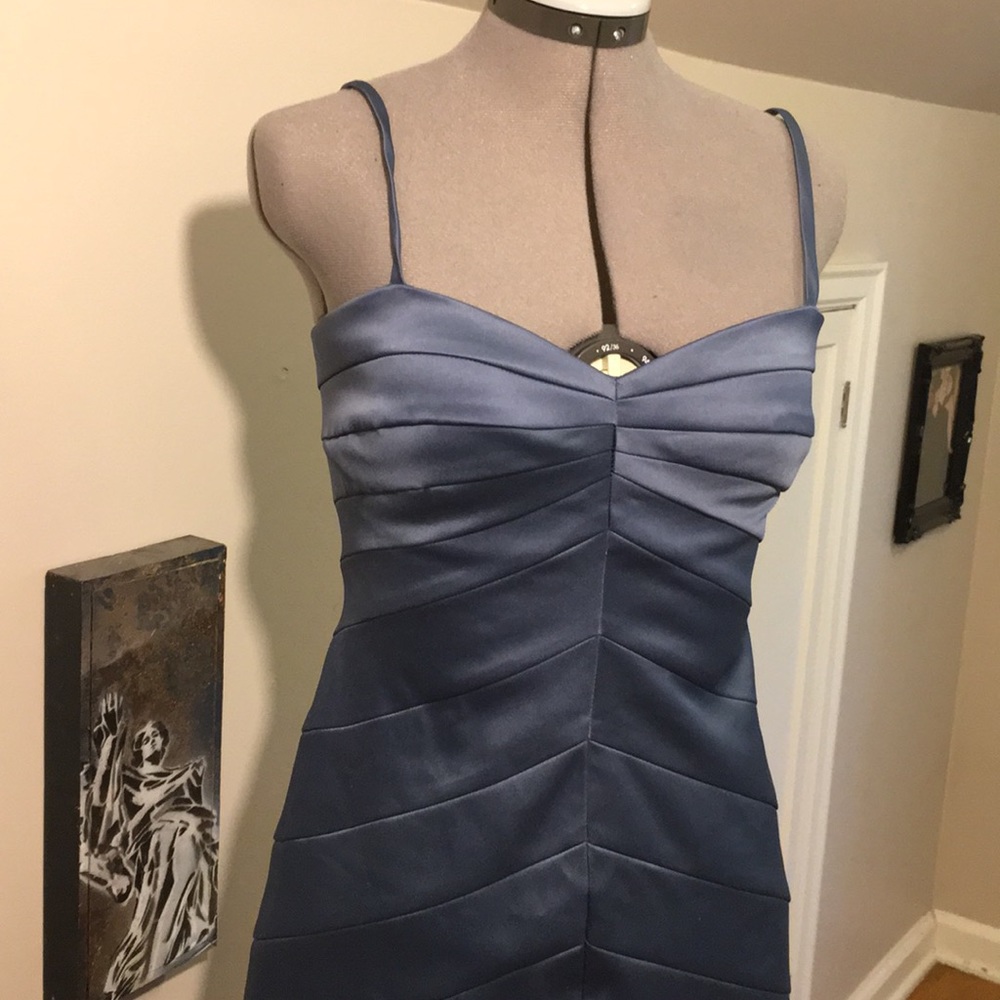 JS Collections Satin Slate Blue Ruched Midi Dress with Spaghetti Straps